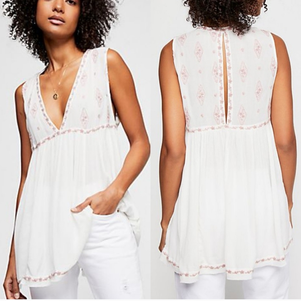 Free People Diamond Embroidered Sleeveless Deep V Tunic Top L White and Mauve